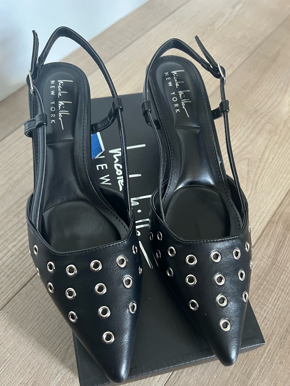 Nicole Miller Grommy Black Pointed Slingback Heels with Silver Grommets